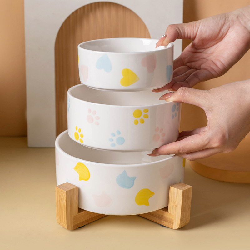 Baby Food Cat - Ceramics Dog Bowl with Wood Mat